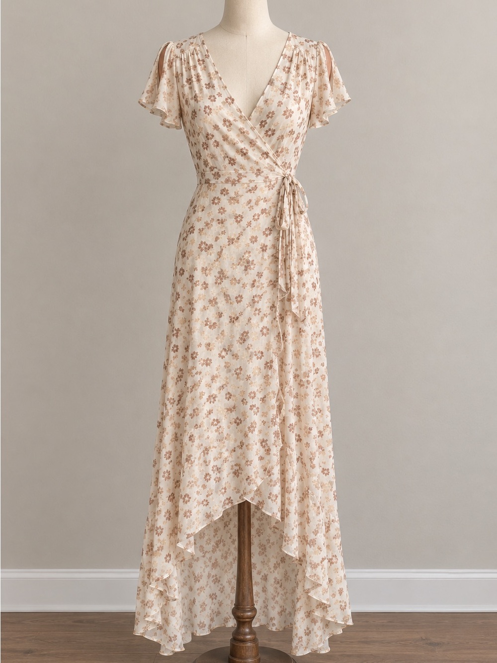Altar'd State Floral Swiss Dot High-Low Maxi Faux Wrap Dress Cream Mauve Small